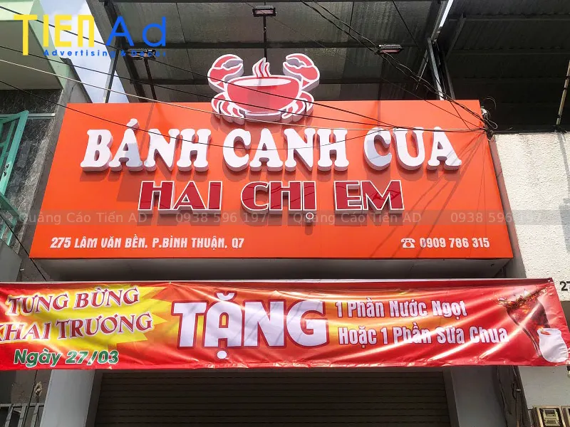 Bảng hiệu alu chữ nổi bánh canh cua Hai Chị Em