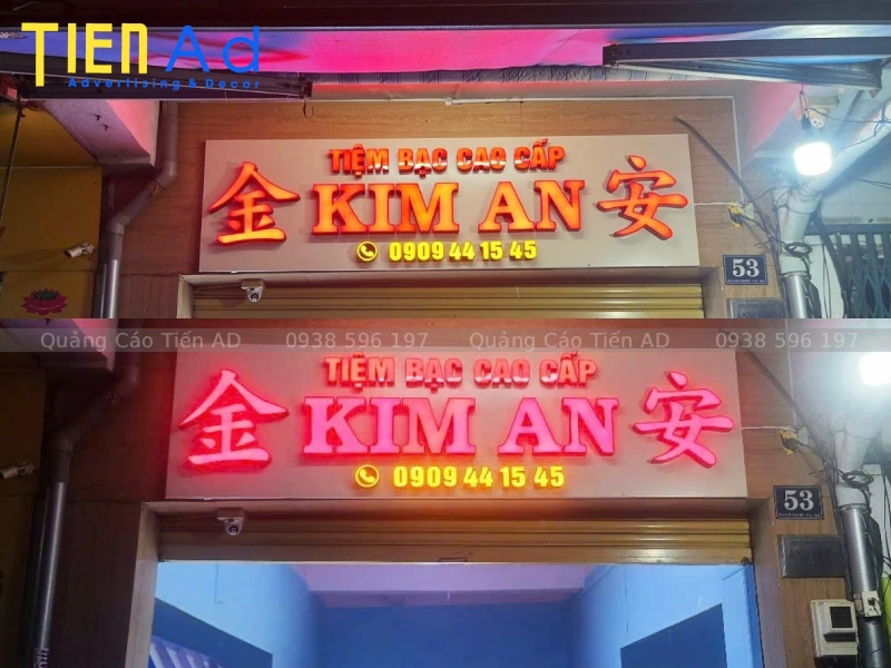 Bảng hiệu alu chữ nổi đèn LED kết hợp nhiều vật liệu