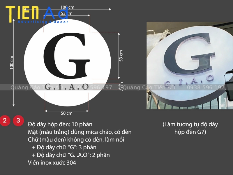 Hộp đèn mica chữ nổi viền inox